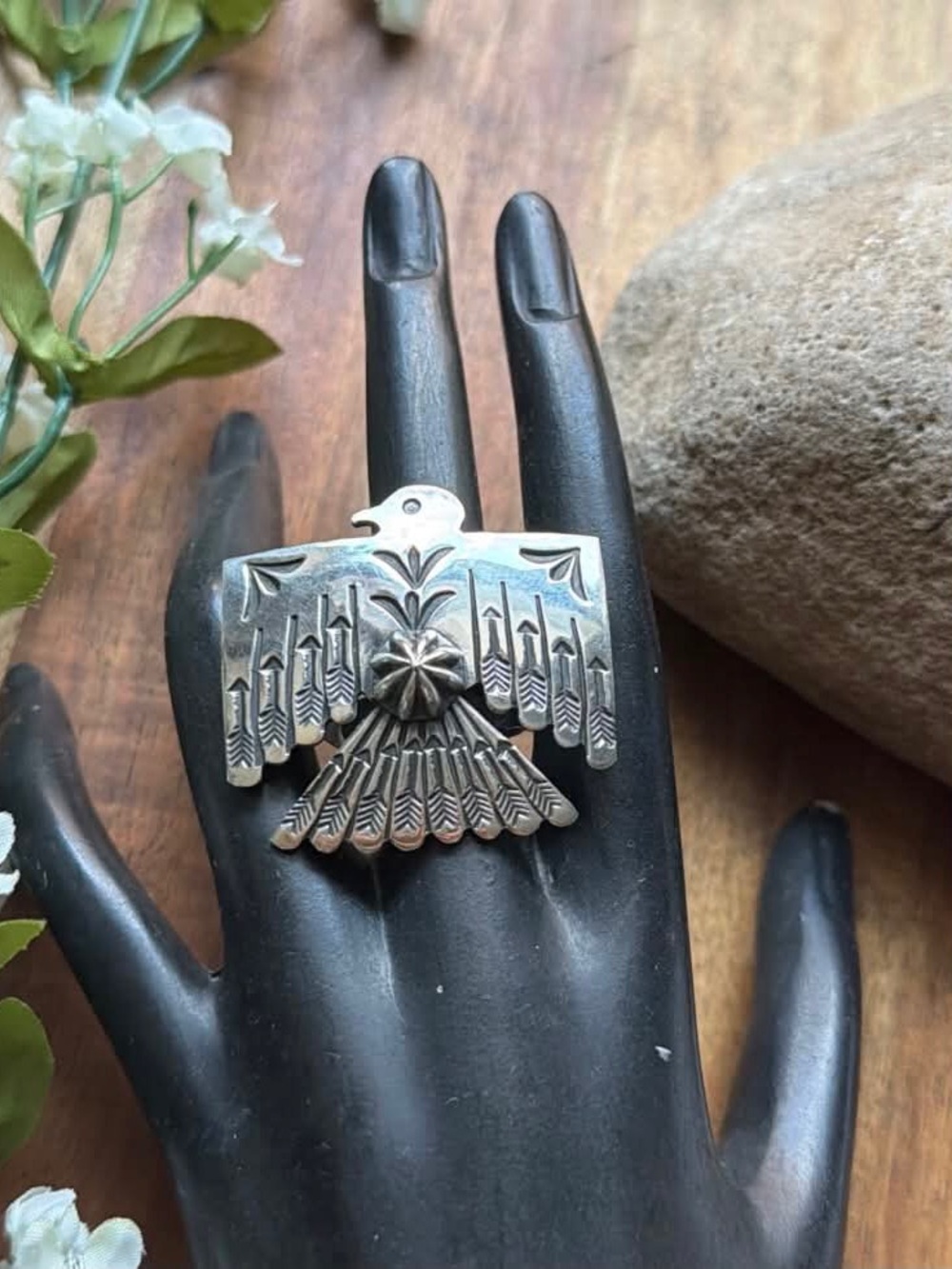Navajo Sterling Silver Thunderbird Stamped Adjustable Ring Sunshine Reeves - Picture 12 of 12